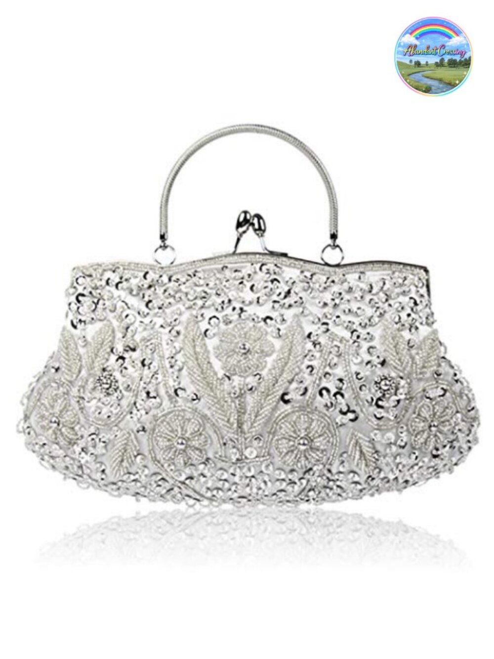 Floral Beaded Sequin Satin Clutch Evening Bag Kissing Lock Detachable Strap